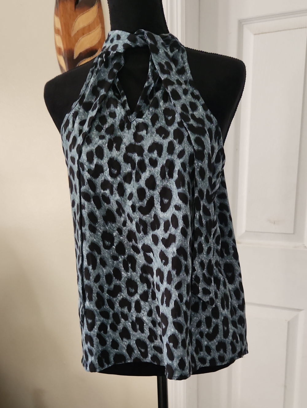 Tie-Neck Leopard Print Halter Top in Teal and Black